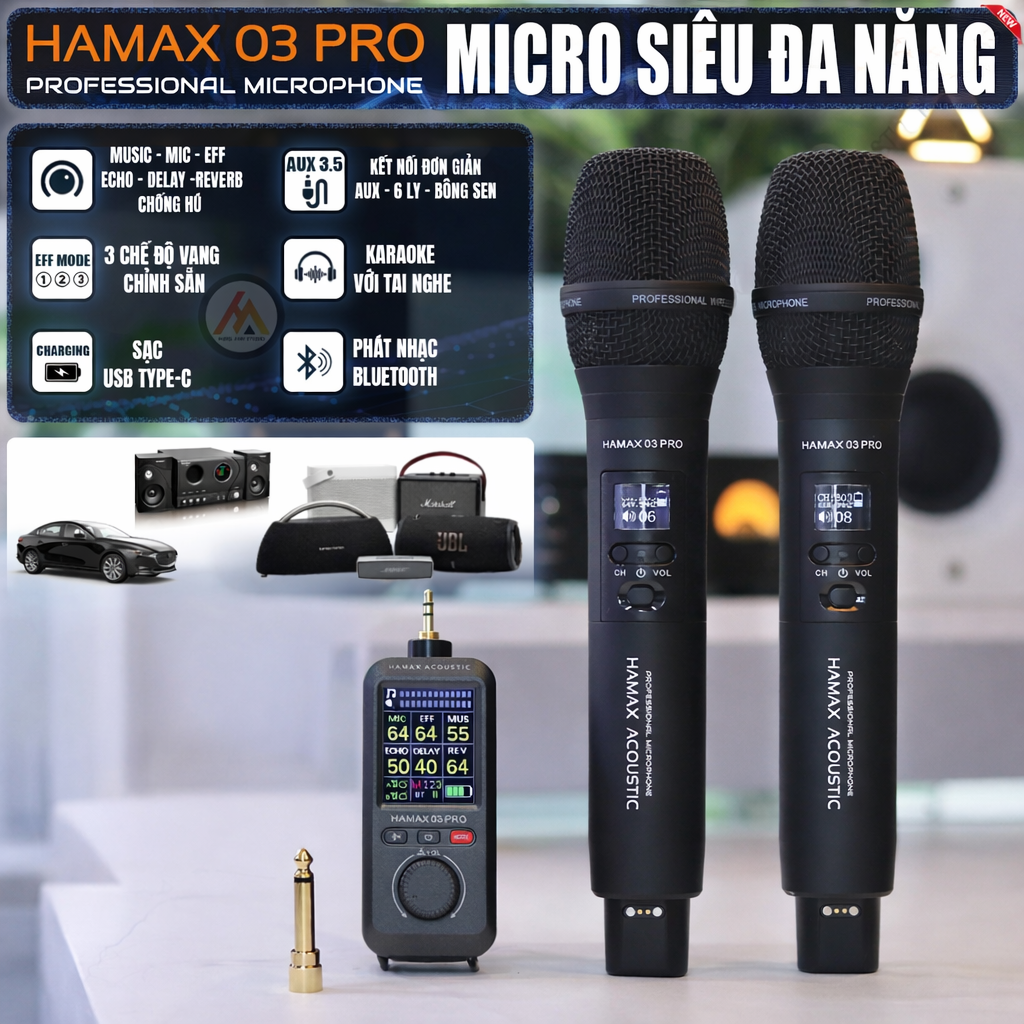 Micro Hamax 03 PRO – Mic karaoke siêu đa năng pin sạc – chỉnh Echo – Delay – Reverb